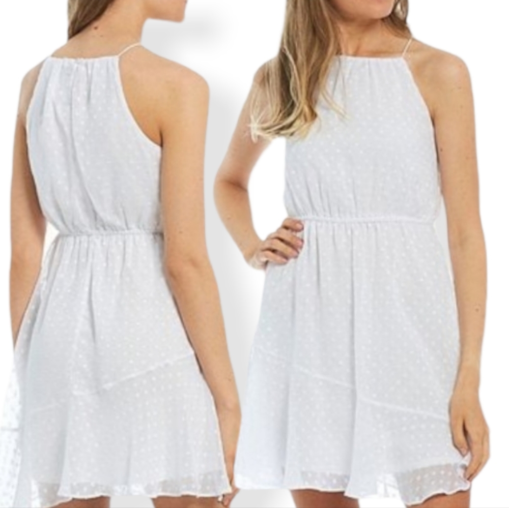 Midnight Doll👗High-Neck Clip-Dot White Chiffon Skater Dress, Size M, NWT
